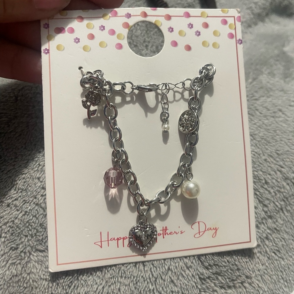 Silver Charm Bracelet with Pink and Pearl Accents